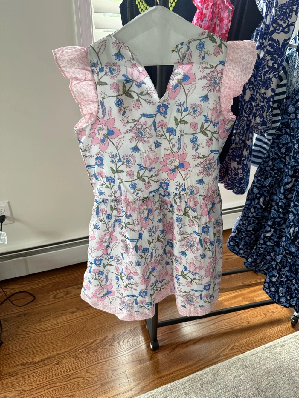 Vineyard Vines Girls Floral V-Neck Dress - Pink & Blue on White